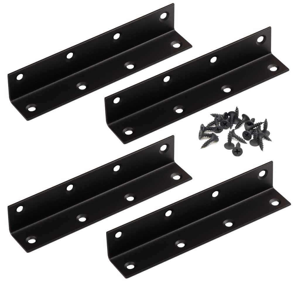 4PCS Corner Brace Angle Bracket, Superior Stainless Steel L Bracket, 5.5'' x 1'' M, Thickness 2mm, Wood Shelf, Furniture, Cabinet Corner With Screws (Black)