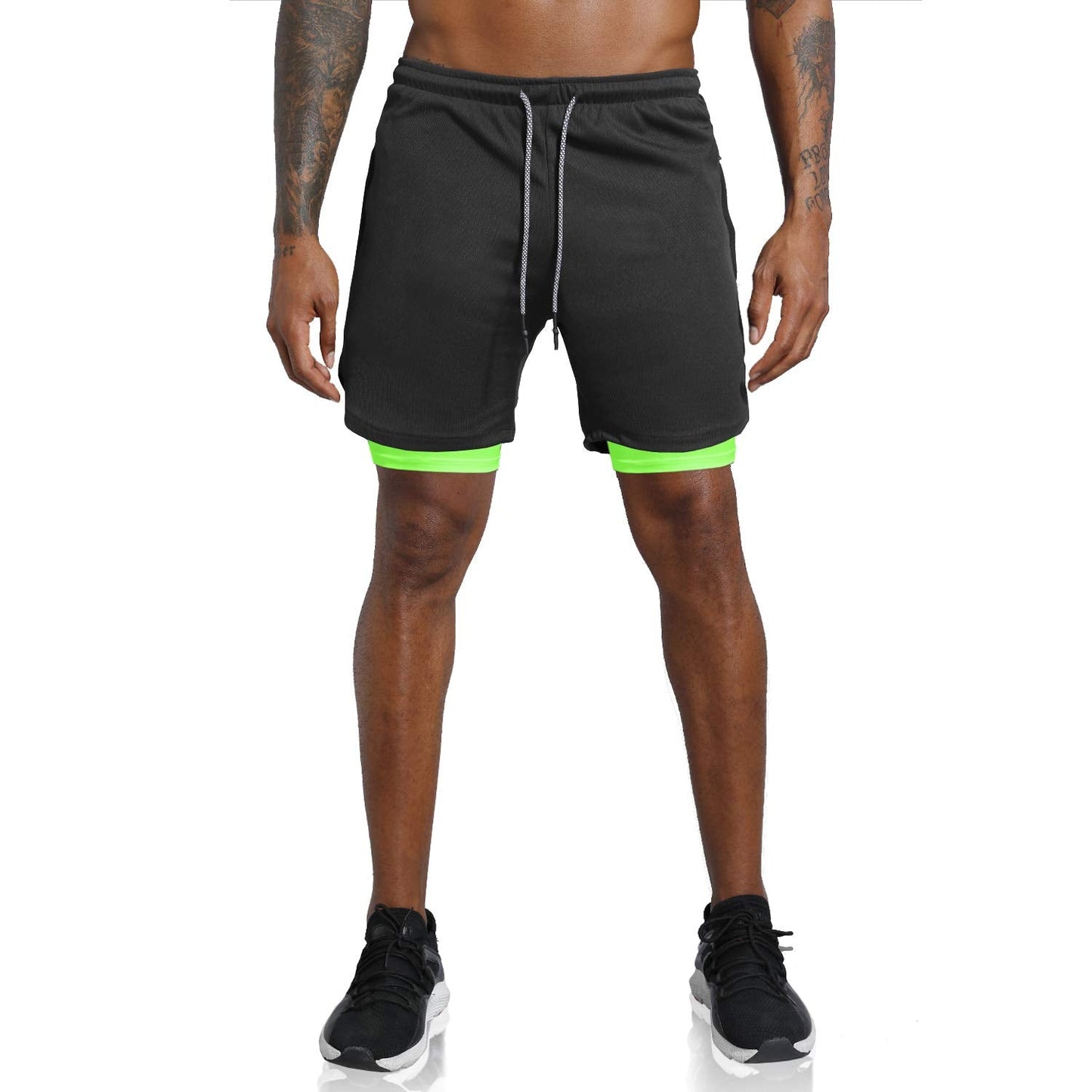 Leidowei Men's 2 in 1 Workout Running Shorts Lightweight Training Yoga Gym 7" Short with Zipper Pockets Black Fluorescent L