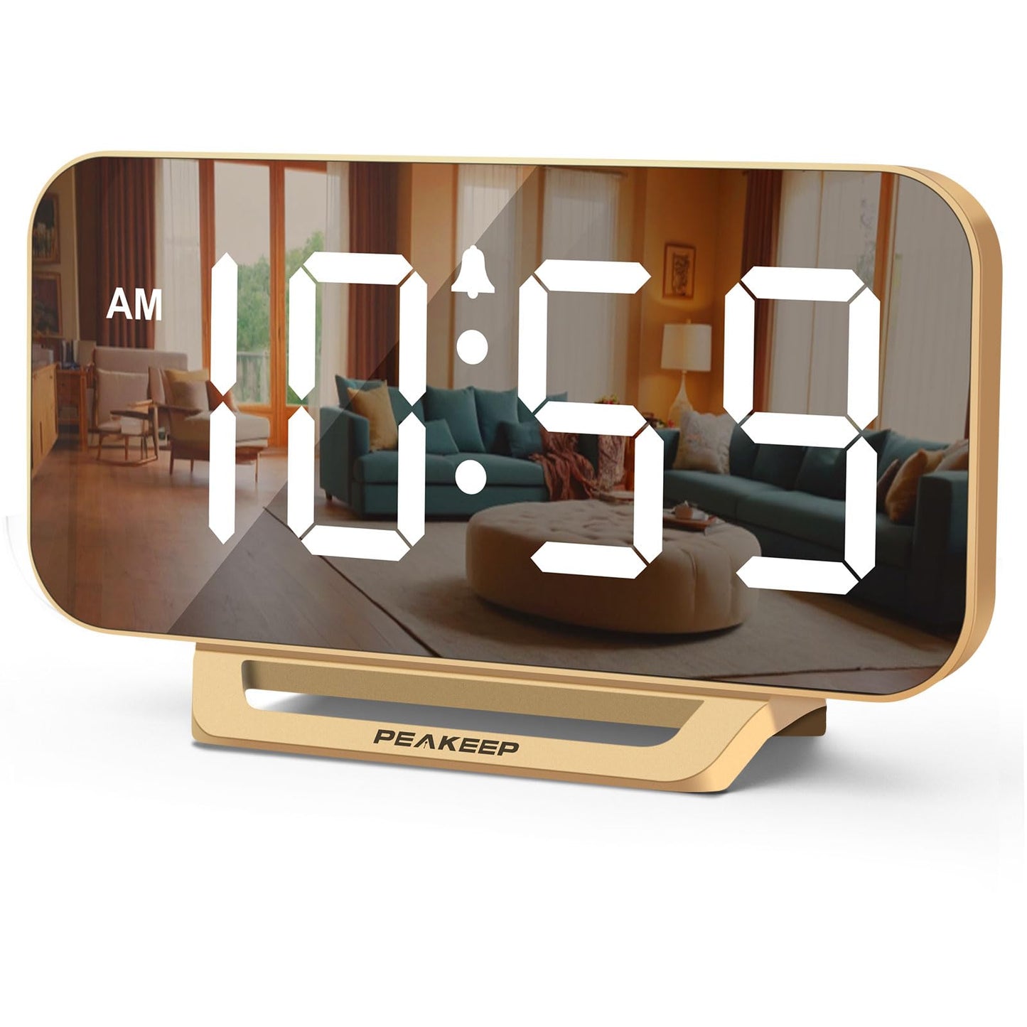 Peakeep Slim Digital Mirror Clock, Aesthetic Alarm Clock for Desk - Plug in Electric Clock Big LED Modern Decorative Small Table Clock for Office Living Room, Battery Backup, 6 Dimmers (Gold)