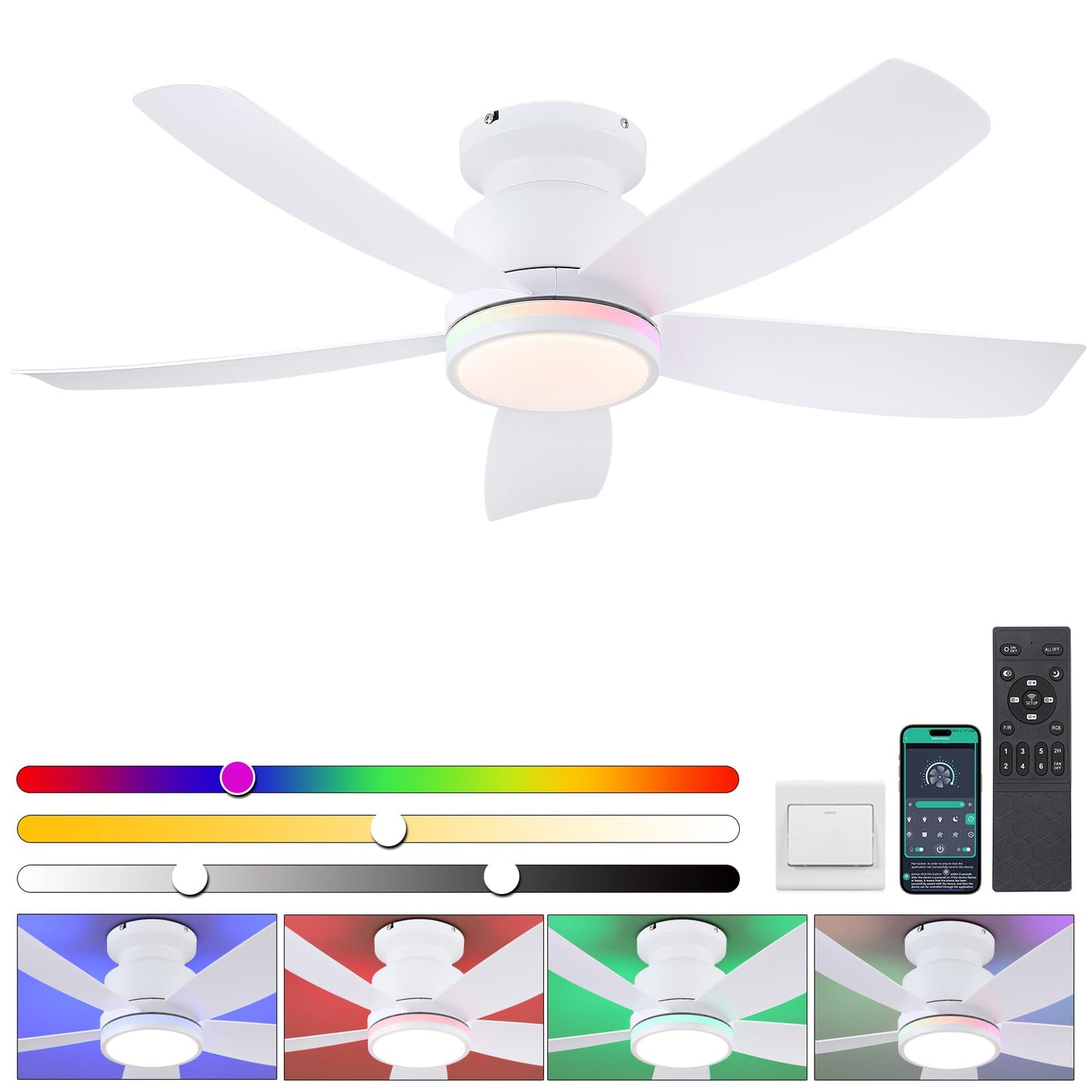 Ceiling Fans with Lights and Remote/APP Control, 41" Low Profile Ceiling Fan with Dimmable White Lights+RGB Ring Lights, 5 Reversible Curved Blades 3 CCT 6 Speeds for Bedroom Living Room, White
