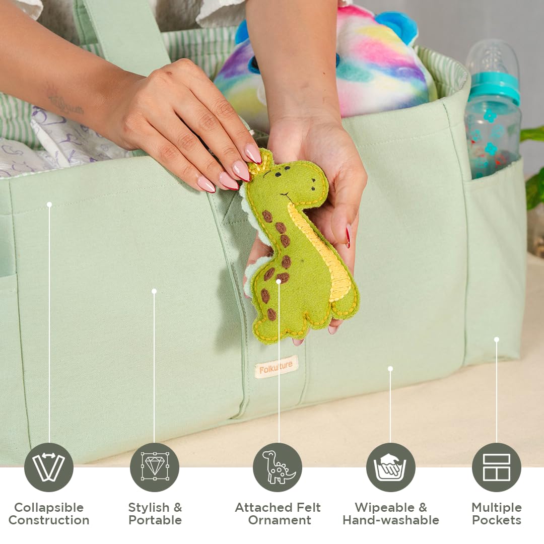 Folkulture Baby Diaper Caddy | Cotton Diaper Bag for Kids - Stylish Comfort Spacious Travel Essential Cart | Nursery Storage Bin and Car Organizer for Diapers, Wipes - (Sage Green - 15")