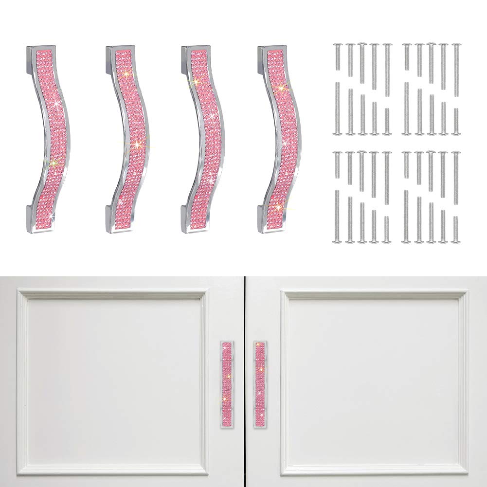 SAVORI Drawer Pulls Handle Bling Crystal Dresser Cupboard Closet Cabinet Wardrobe Door Furniture Handles Hardware Handle Pull for Home Kitchen Bathroom 4 Pack (11cm - 4 Pack, Pink)