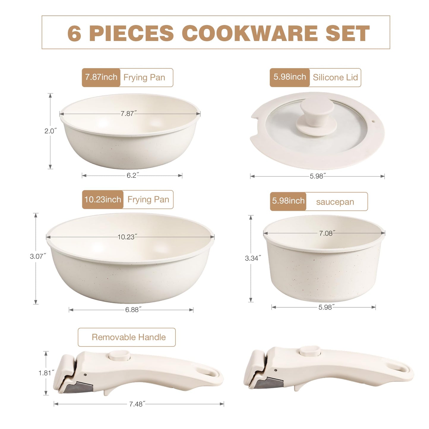 Zalnuuk 6 PCs pots and pans set non stick, Nonstick Kitchen Cookware Set, 2 Detachable/Removable Handles, Induction RV Kitchen Set, Oven Safe, Cream White