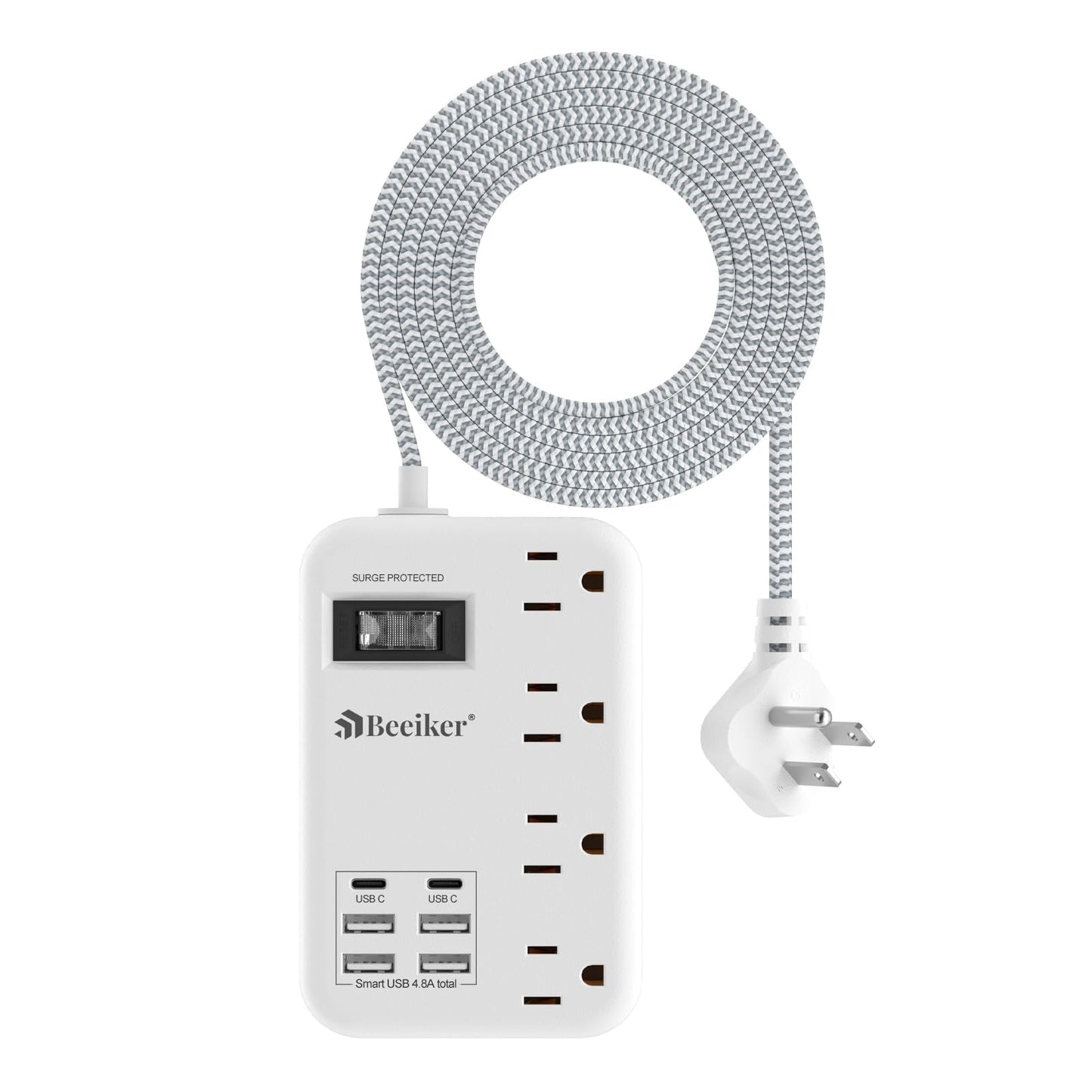 6 USB(2 USB C) Surge Protector Power Strip- 5Ft Travel Power Strip with 4.8A USB Charging Station and 4 Extendable Outlet, 13A Flat Plug Braided Extension Cord with Wall Mount for Travel Office Dorm