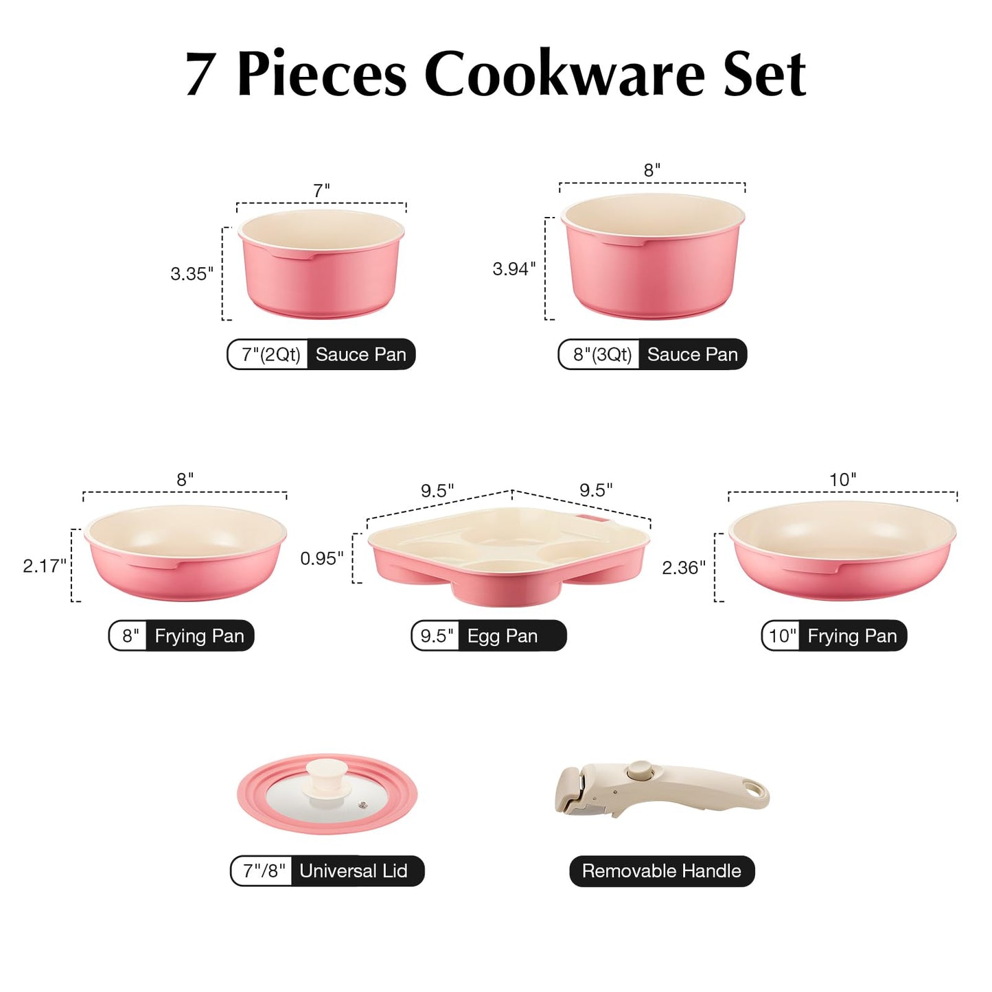 Ceramic Pots and Pans Set Non Stick, 7 Pcs Nonstick Cookware Set with Detachable Handle RV Camping Induction Kitchen Cookware Set Non Stick, PFAS PFOA & PTFE Free