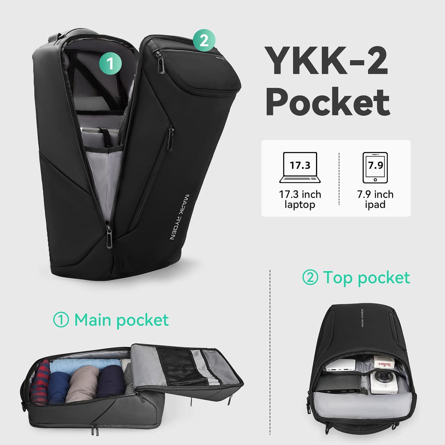 MARK RYDEN Business Backpack for Men, Waterproof High Tech Backpack with Sport Car Shape Design and USB Charging Port, Travel Laptop Backpack Fits 17.3 Inch Notebook (YKK-2 Pockets)