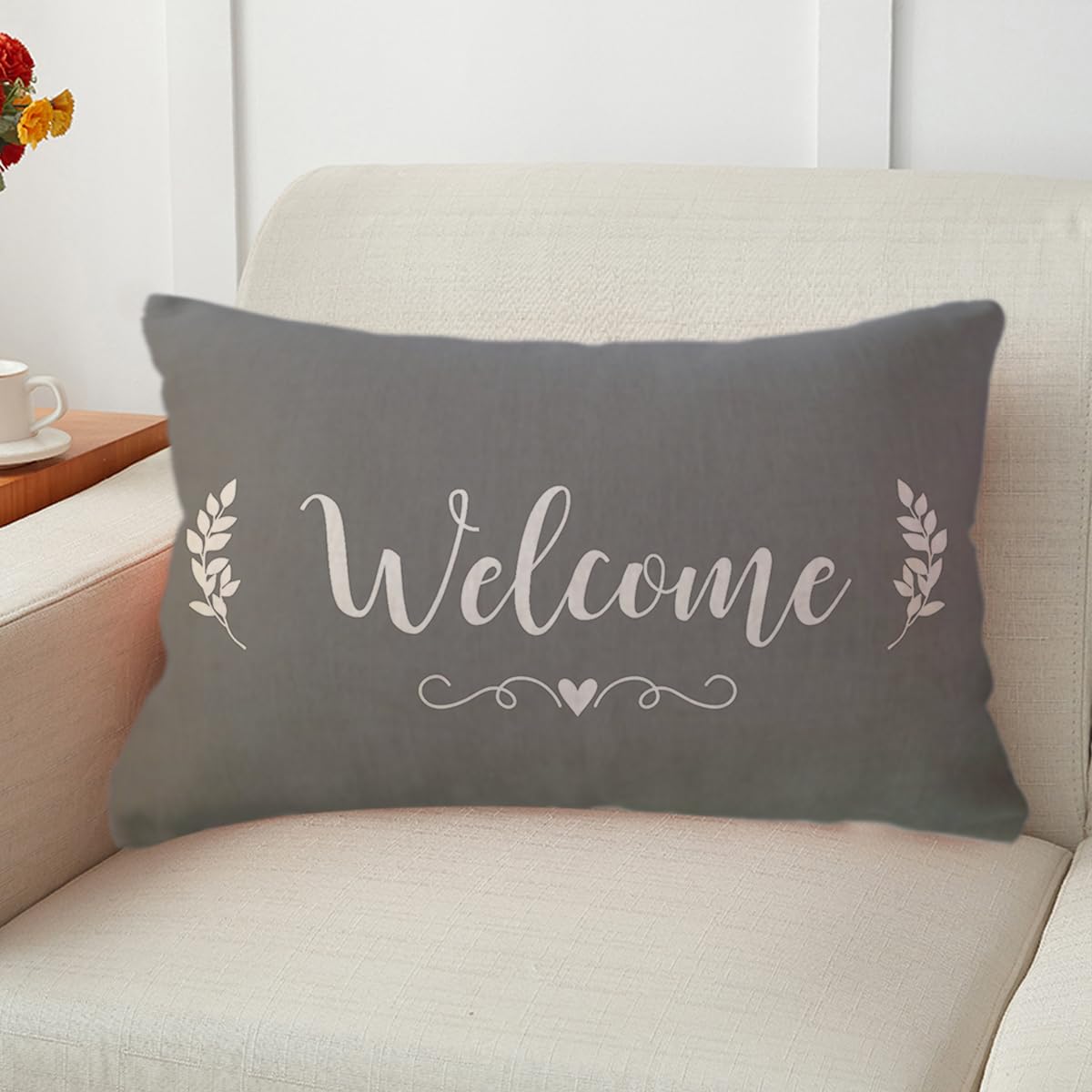 ULOVE LOVE YOURSELF 2Pack Welcome to Our Happy Place Decorative Pillowcases Home Quotes Lumber Cushion Covers 12 x 20 Inch Rustic Family Words Farmhouse Decor for Sofa/Couch/Porch (Grey)