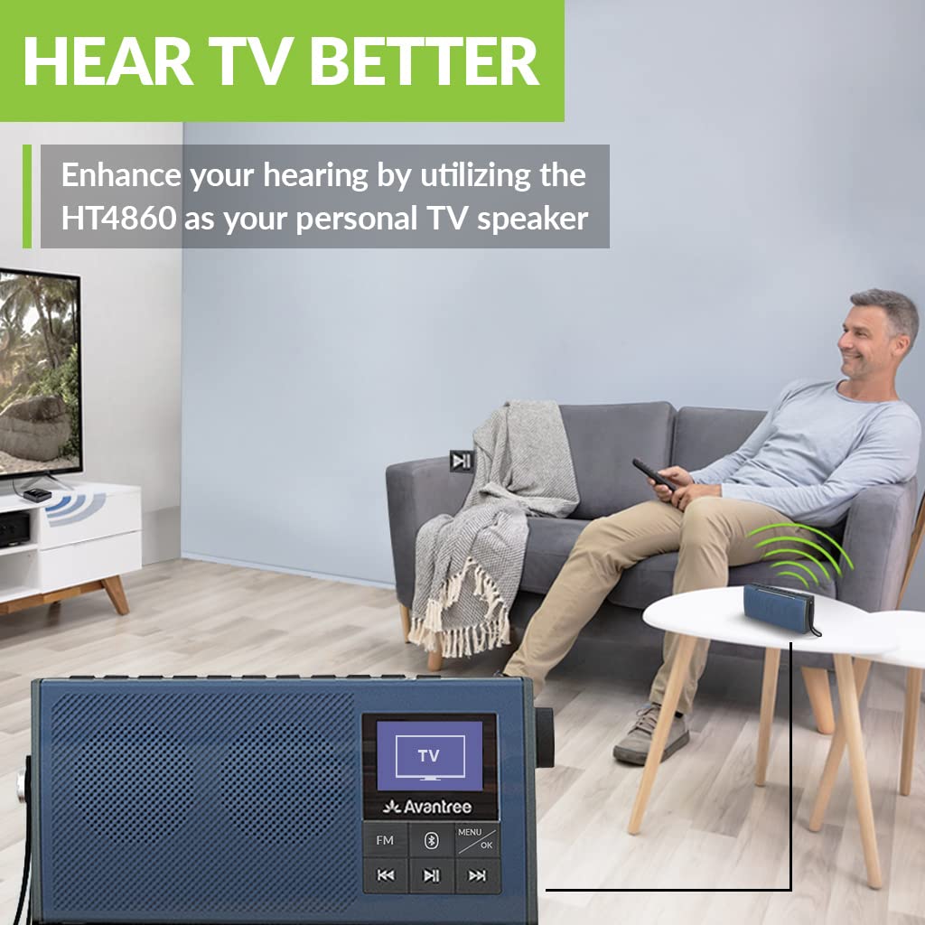 Avantree Wireless Portable TV Speaker & FM Radio 2-in-1, with Low Latency Bluetooth TV Transmitter, Ideal for Seniors, Hard of Hearing - Audikast 4860