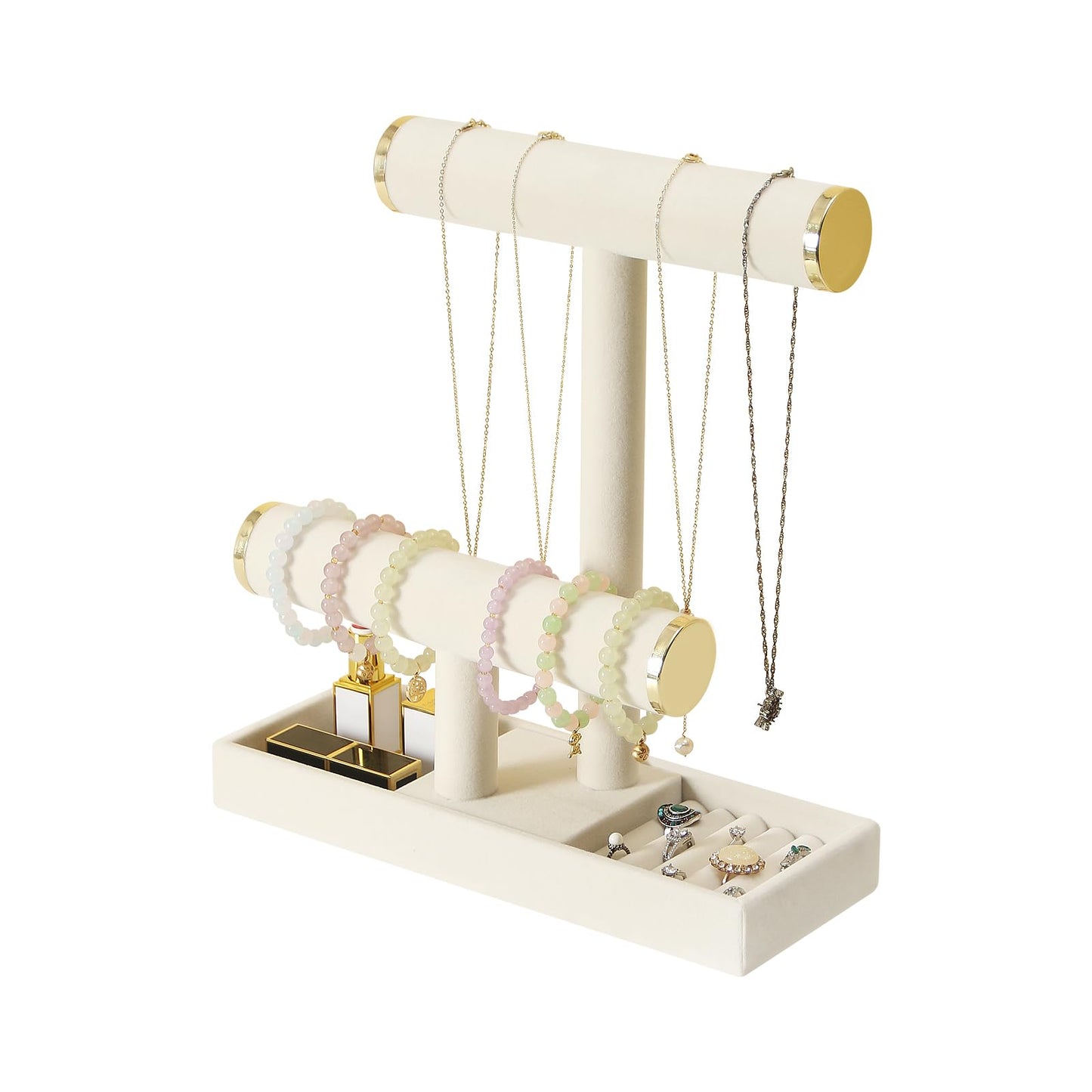 Pangkeep Jewelry Holder Stand,2 Tier Necklace Bracelet Organizer with Tray,Jewelry Displays for Selling Bangles Scrunchie Hair ties Watches and Chains (Beige)