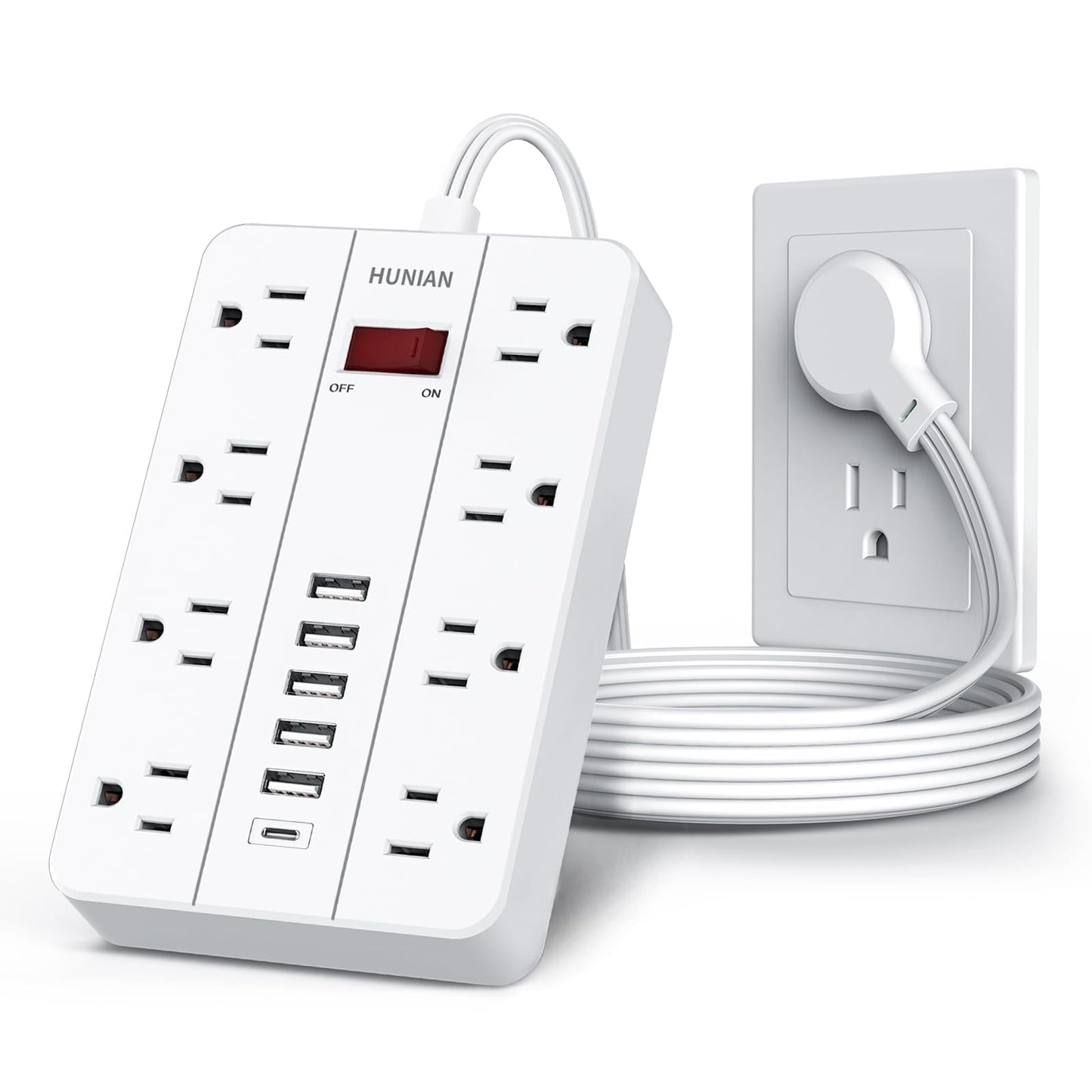 Power Strip with USB, Flat Plug Extension Cord Surge Protector 5 Ft, HUNIAN Power Strip with 8 Widely Spaced Outlets 6 USB Charger (1 USB C Port), Desk Charging Station for Home Office, White