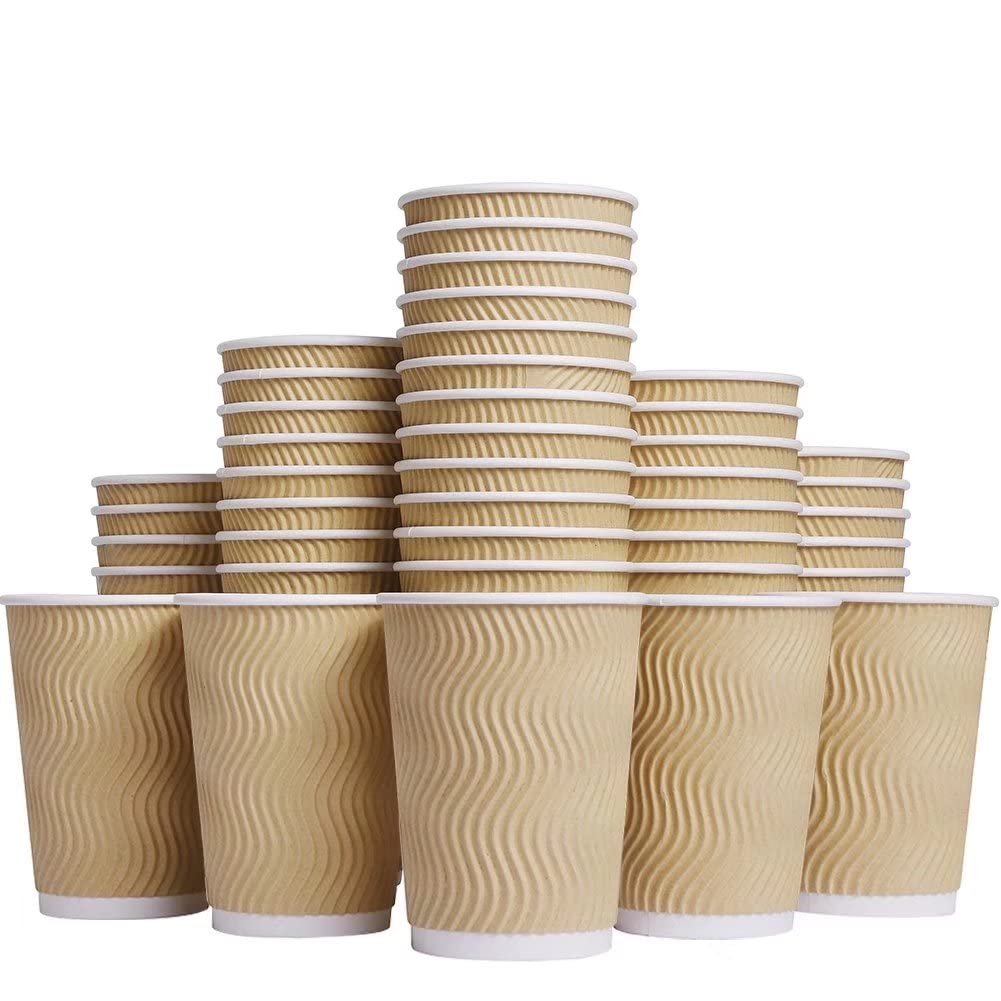 Hot Paper Cups_12 oz Disposable Insulated Corrugated Sleeve Ripple Wall Paper Cup 100 pcs,12oz Cups for Drink,Hot Coffee Cups (Brown)