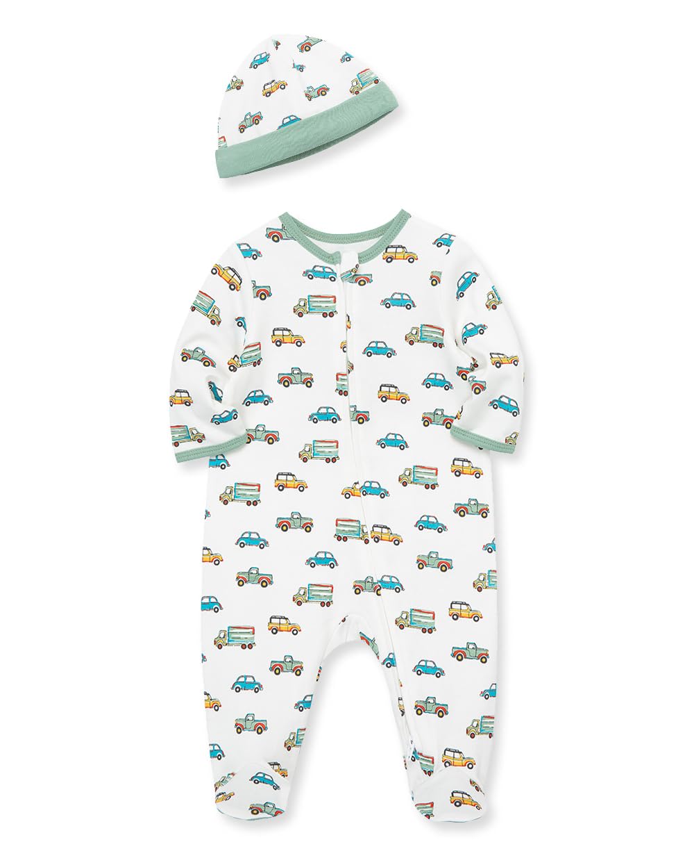 Little Me Baby Boy Clothes 2-Piece Baby Sleeper and Cap Set, 100% Cotton Footies Baby Essentials, Preemie to 9 Months