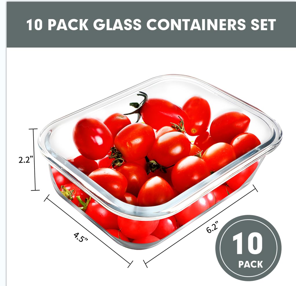 VERONES 10 Pack 22 OZ Glass Meal Prep Containers, Airtight Glass Lunch Containers Set, Glass Food Storage Containers with Lids,Exclusive of BPA, for Microwave, Oven, Freezer & Dishwasher Friendly,Grey