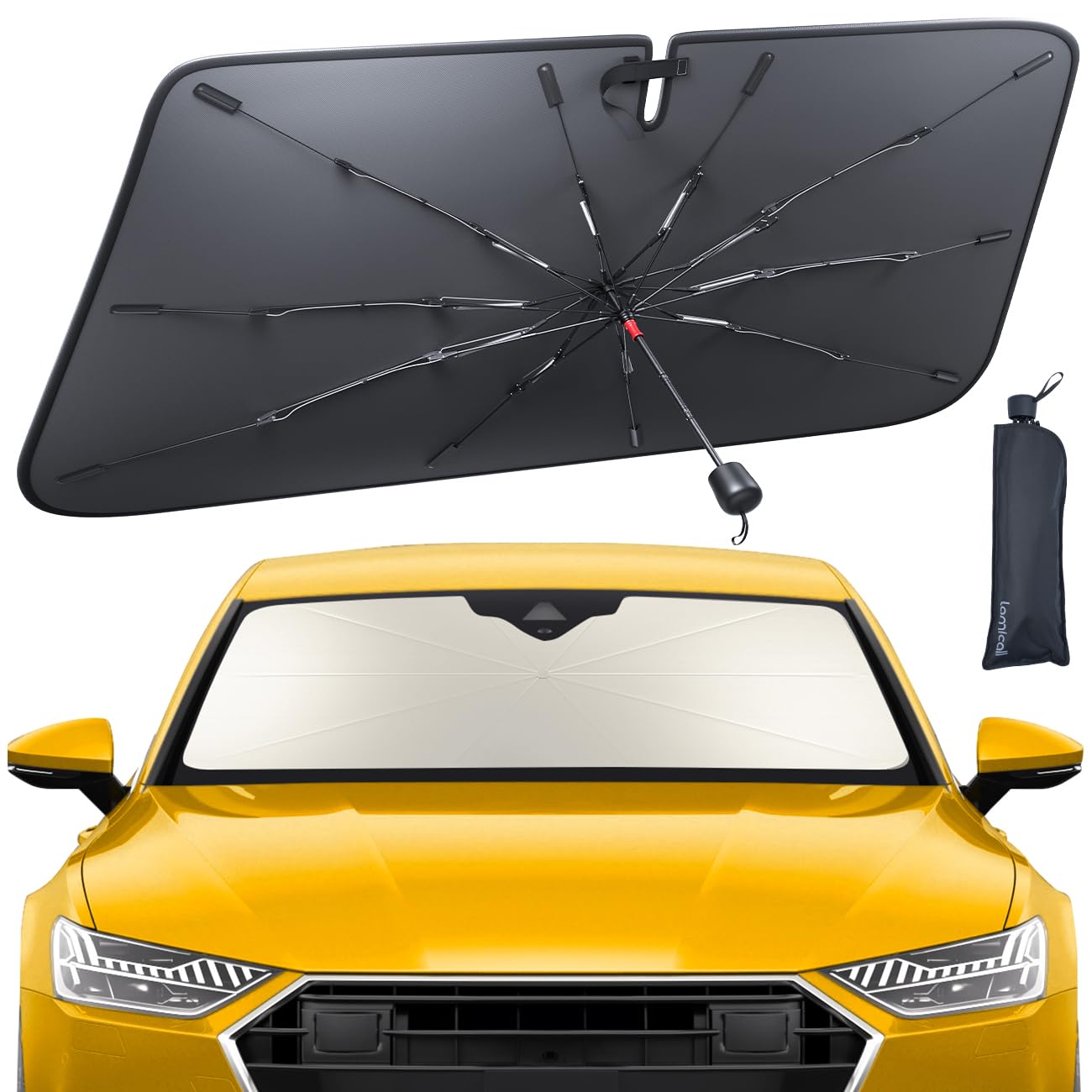 Lamicall Car Windshield Sunshade Umbrella - Foldable Car Windshield Sun Shade Cover, 5 Layers UV Block Coating, 52"x31" Front Window Heat Insulation Protection, for Auto Sedan, SUV Windshield
