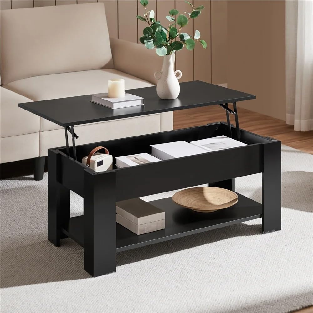 Coffee Table with Lift Top, Lift Table Dining Center Table with Lower Shelf, Modern Wooden Coffee Table for Living Room, Study, Office, Small Space (Black)