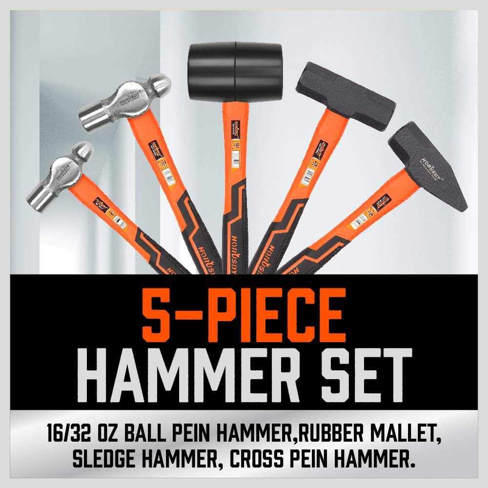 HORUSDY 5-Piece Hammer Set, 16oz and 32oz Ball Pein Hammers, 32oz Rubber Mallet, 3lb Sledge, 3lb Cross Peen Hammer