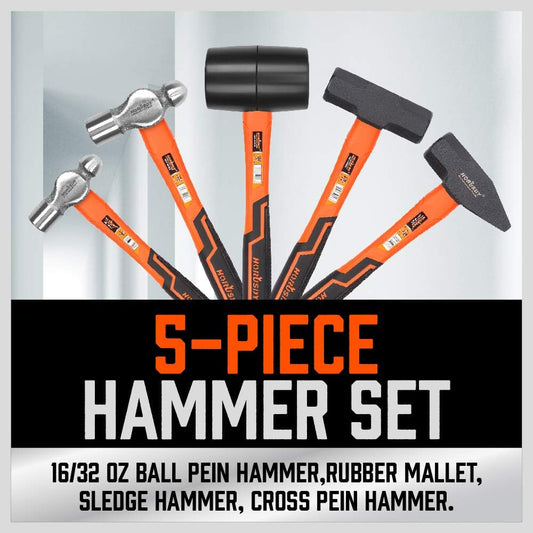 HORUSDY 5-Piece Hammer Set, 16oz and 32oz Ball Pein Hammers, 32oz Rubber Mallet, 3lb Sledge, 3lb Cross Peen Hammer