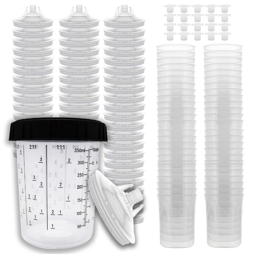 LAUCO 50 Pack Disposable Spray Gun Paint Cups Liners and Lid System Kit - 13.5 Ounce (400ml) Kit - 50 Cup Liners, 50 Lids with 125 Mic Strainer, 1 Hard Cup with Retainer Ring and 20 Plugs