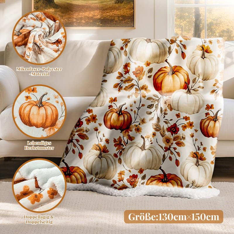 Lanpn Fall Pumpkin Flannel Throw Blanket, Soft Warm Flannel Sherpa Fleece Throws Orange Pumpkins Leaves Blanket for Couch Bed, Cozy Autumn Throw Blankets Farmhouse Thanksgiving Home Decor, 50"x60"