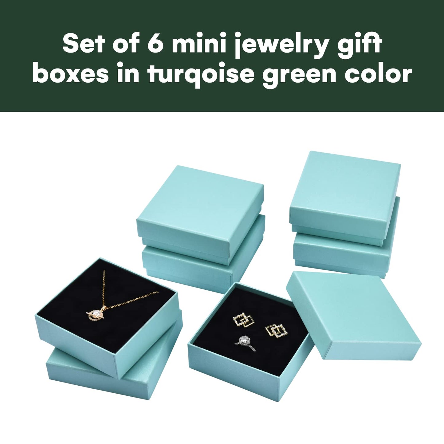 Dawhud Direct Small Jewelry Box - 6-Pack Cardboard Small Gift Boxes with Lids and Black Cushion - Ideal for Earrings, Bracelets, and Necklaces - Jewelry Packaging Boxes - 3.5x3.5x1-Inch (Turquoise)