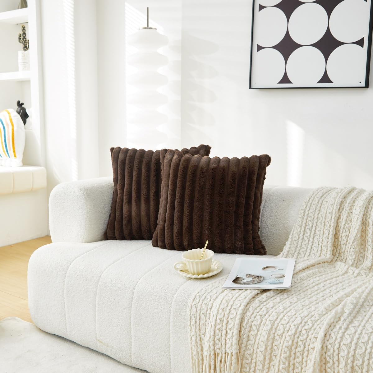 Sunday Praise Double-Sided Faux Fur Plush Throw Pillow Covers 18x18 Inch Set of 2 Dark Brown Striped Decorative Pillow Cases Soft Luxury Cushion Cases for Couch Sofa Living Room Décor
