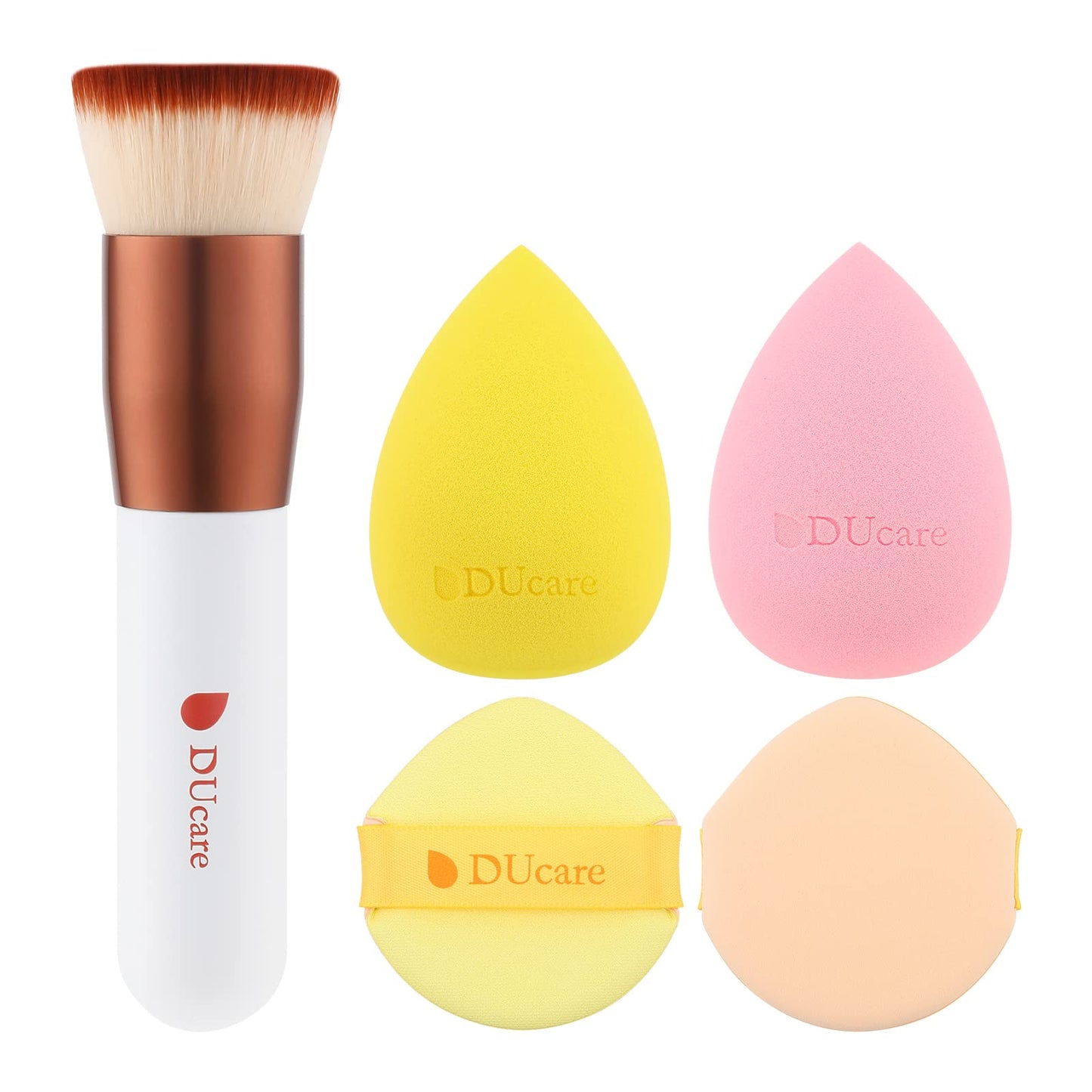 DUcare Foundation Brush with Makeup Sponges Puff Flat Top Kabuki Brush for Liquid Blending Mineral Powder Buffing Stippling