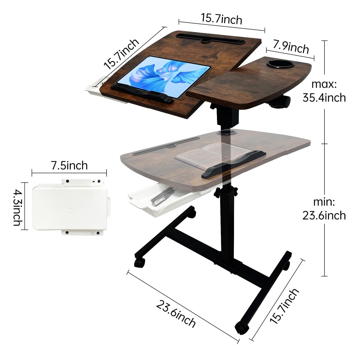 DOKKOME Medical Adjustable Overbed Bedside Table with Wheels, Mobile Standing Desk Laptop Computer Cart with Phone Holder and Drawer for Hospital and Home Use