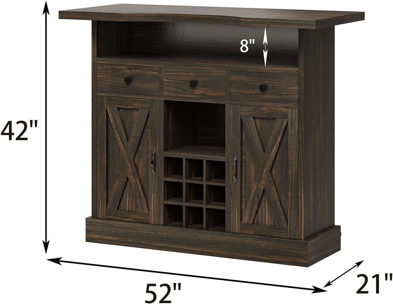 52 Inch Large Home Bar Unit, 4-Tier Storage Bar Table with Footrest & 3 Drawers, Farmhouse Wine Bar Cabinet with 9 Wine Rack & 2 Barn Doors for Living Room, Dining Room, Dark Oak