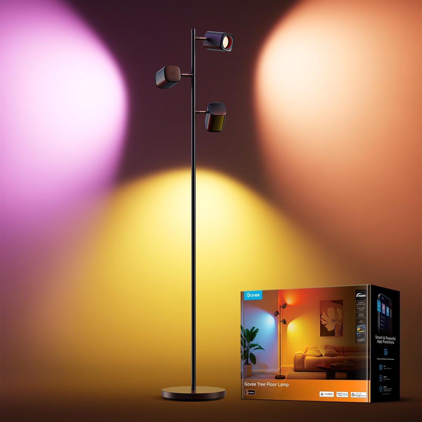 Govee Tree Floor Lamp Compatible with Matter, 3 Rotatable Lights with LuminBlend Technology, Standing Lamp with 64 Dynamic Scenes, Music Sync, Ideal Floor Lamp for Bedroom, Living Room, Reading Room
