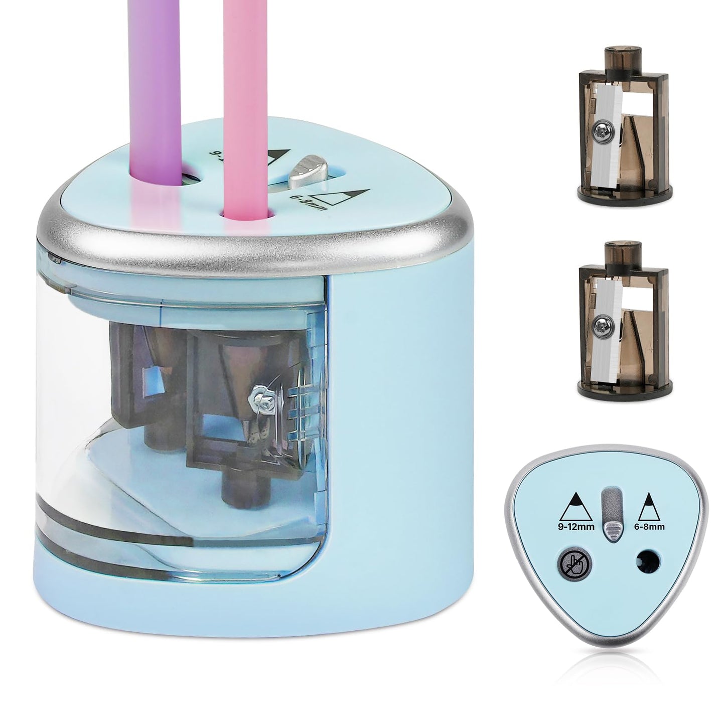 AUAUY Electric Pencil Sharpener with Double Hole, Battery Operated Automatic Sharpener with 2 Extra Knife Holders, for 6-8mm/9-12mm Standard Pencils, Colored Pencils, and Makeup Pencils(Blue)
