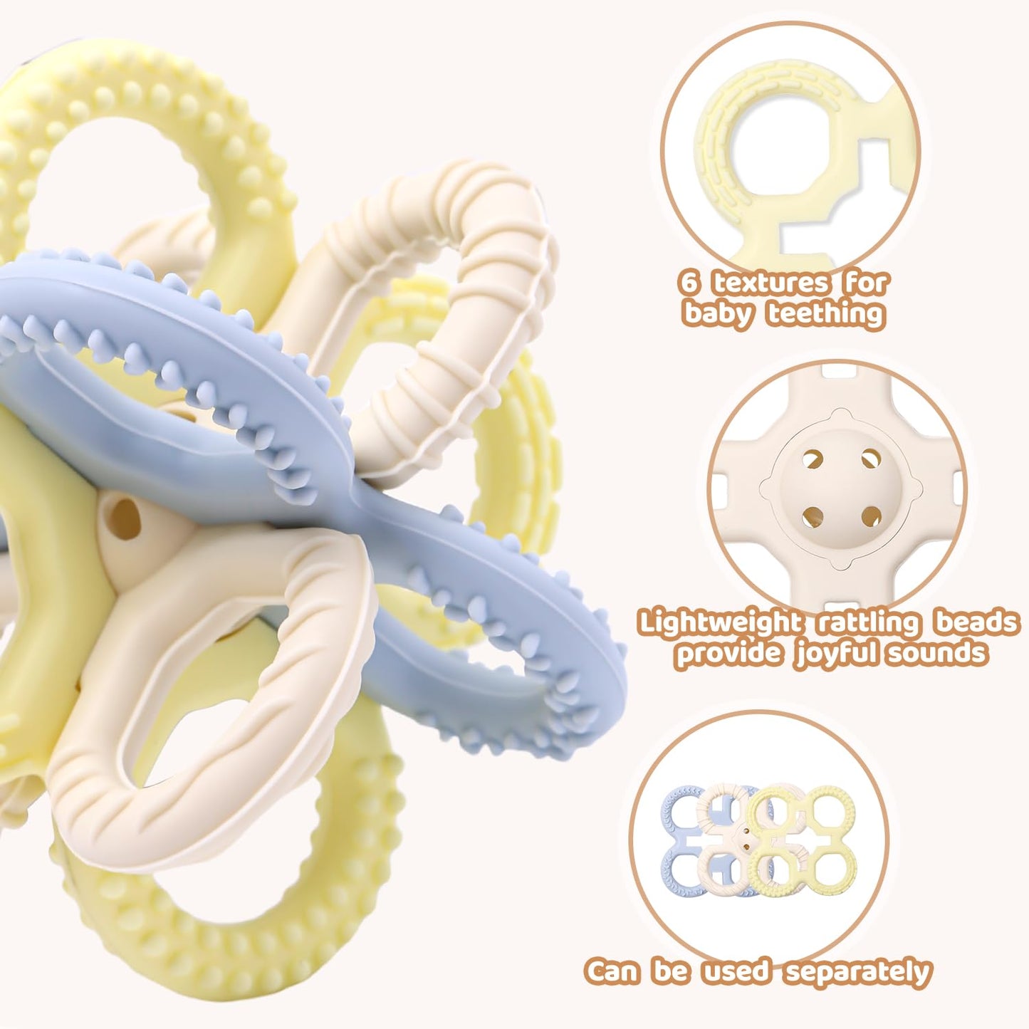 Yaozyety Baby Teething Toys 3 in 1 Silicone Teethers - BPA Free Food Grade Silicone Teething Ring Rattle Toys for Babies 3-6 Months 6-12 Months, Soft & Easy Hold, Baby Chew Toy for Toddlers (Yellow)