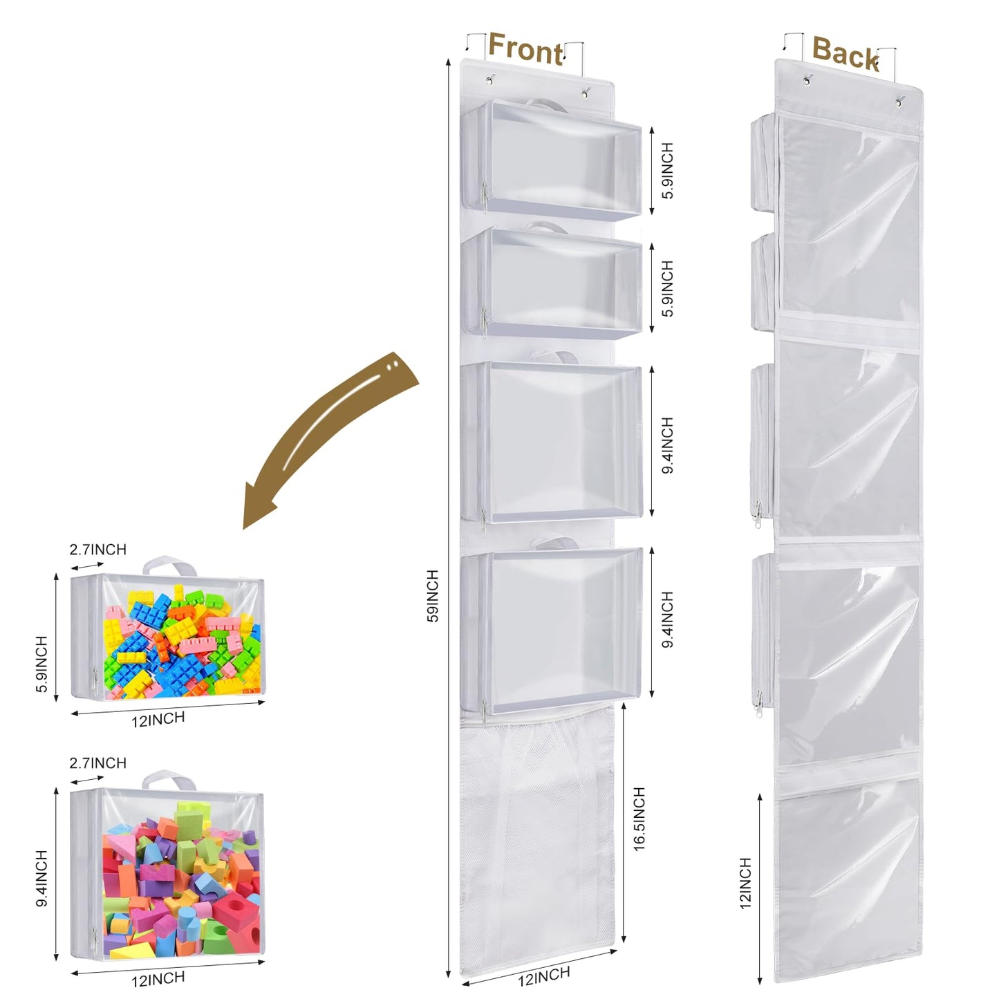 Woodoulogy Hanging Toy Storage over Door, Block Stuffed Animal Organizer Idea with 4 Removable Case Bag, Bi-Fold Closet Holder with Mesh Pocket for Kid Boy Girl