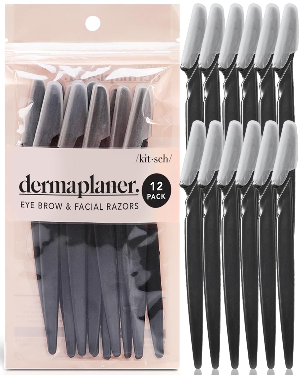 Kitsch Dermaplaning Tool - Face Razors for Women and Men, Dermaplane Razor for Women Face, Dermaplane Razor for Facial Hair Removal, Eyebrow Trimmer and Shaver, Skin Care Tools - 12 pcs Black