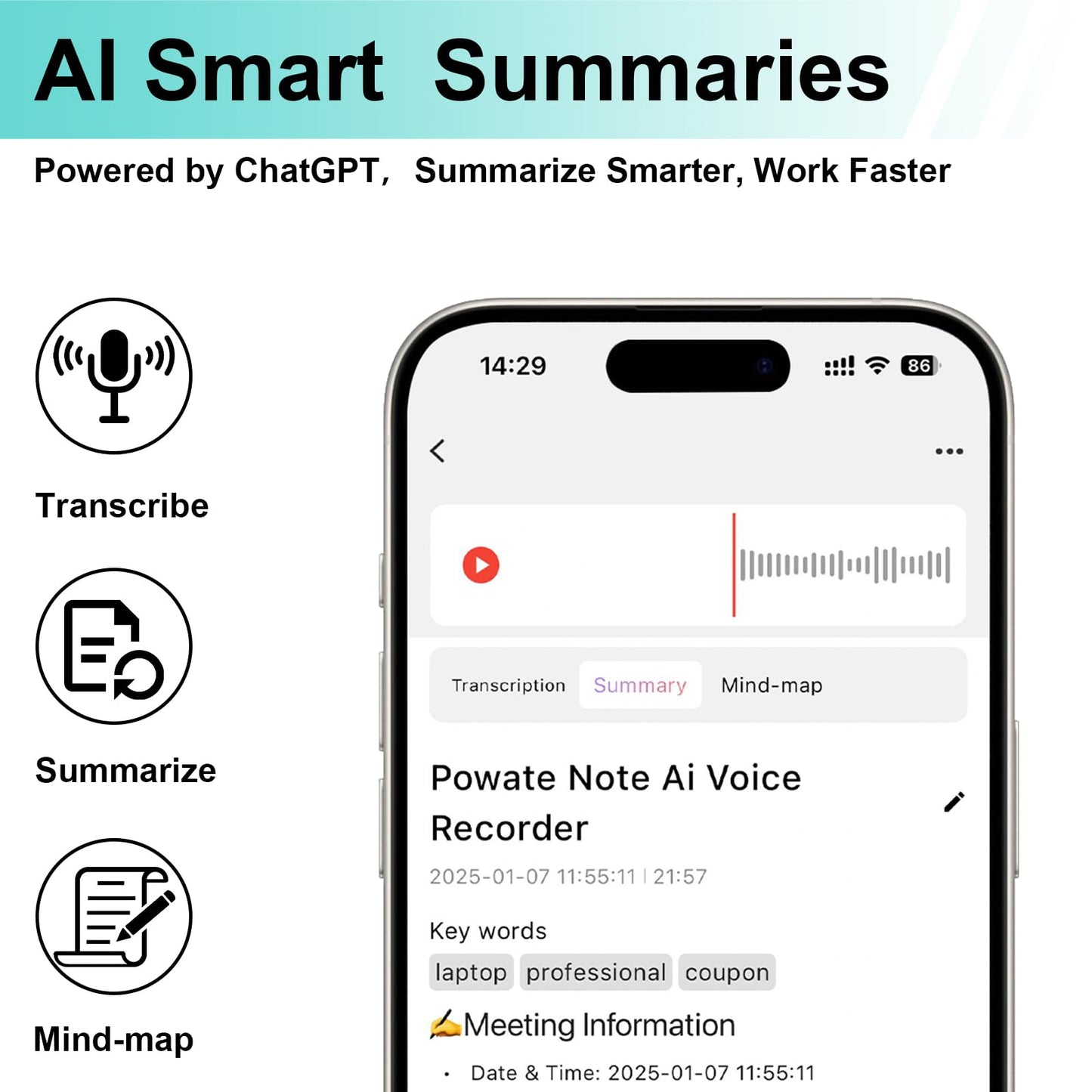 AI Voice Recorder, Transcribe & Summarize by ChatGPT, APP Control, Support 112 Languages, 30H Recording Time, 64GB Memory, Audio Recorder for Lectures, Meetings, Calls