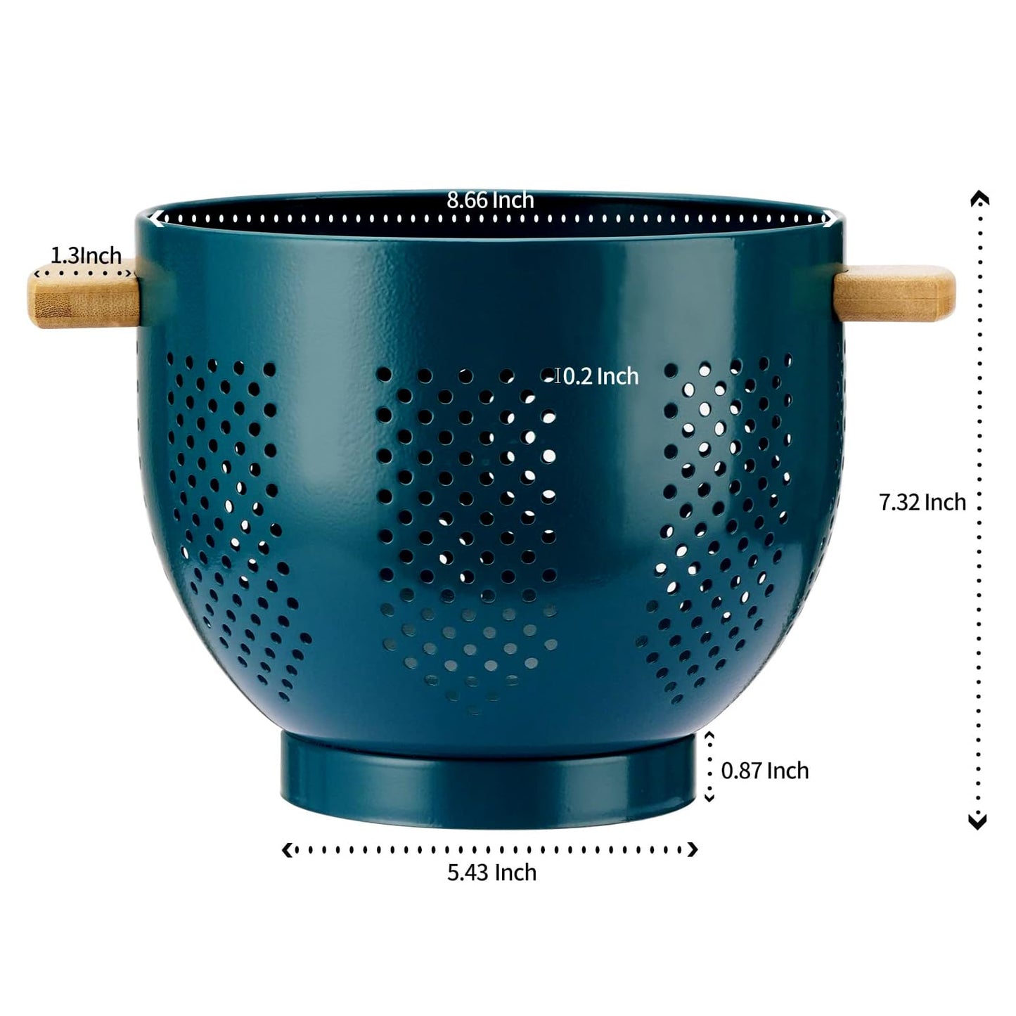 Metal Colander with Wood Handle, Powder Coated Steel Large Kitchen Strainer Stable Base,(Green, 5.5QT)