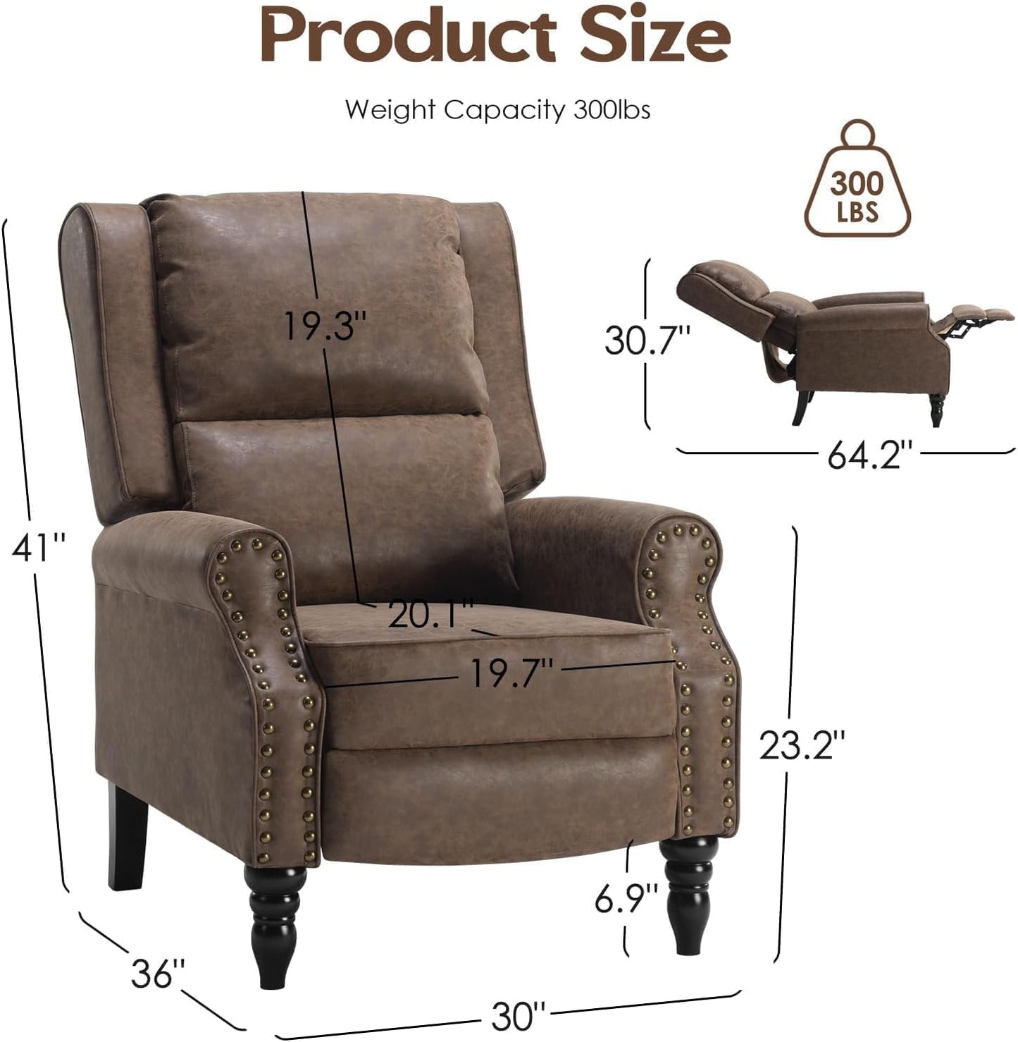 FONTOI Faux Leather Recliner Chair, Pushback Recliner Chair with Adjustable Backrest Footrest, Mid Modern Reclining Chair with Overstuffed Arms Lumbar Support for Reading, Living Room, Coffee