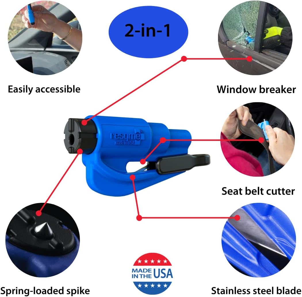 Resqme Accessory Pack The Original Emergency Keychain Car Escape Tool, 2-in-1 Seatbelt Cutter and Window Breaker, Made in USA With Visor Clip, Lanyard, Keyring and Cable Tie - Blue, Orange, Yellow