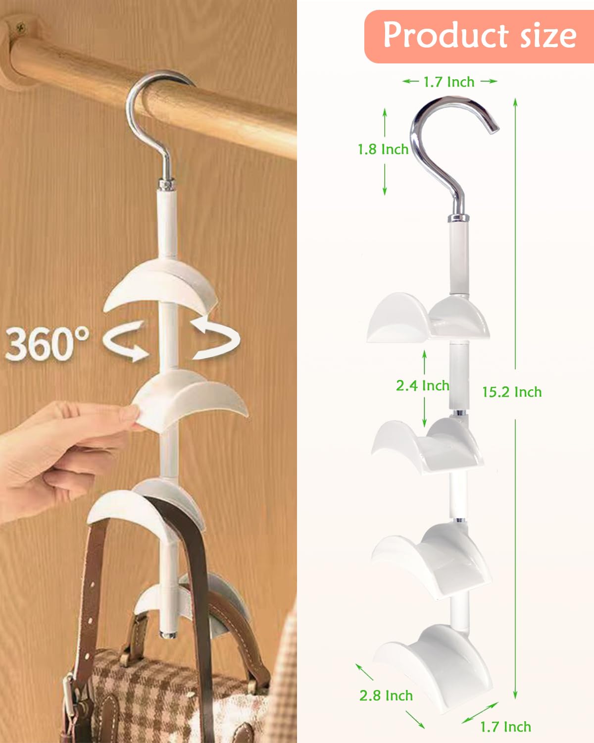 Purse Hanger for Closet, Rotating Purse Organizer for Closet White Purse Holder Purse Hooks for Organizer Storage Purses Tote Bag Handbags Scarf Belt