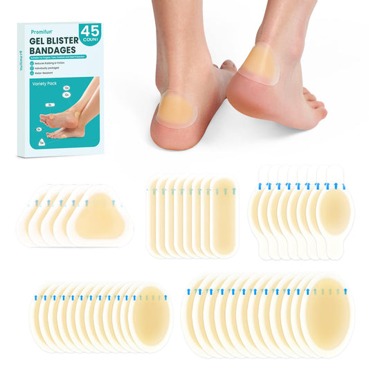 Hydrocolloid Gel Blister Bandages Pads - Promifun Waterproof Adhesive Blisters Bandages - Blister Pads for Heel, Foot, Toe, Feet - Gel Blister Chshions for Prevention & Recovery (24ct, Variety Pack)