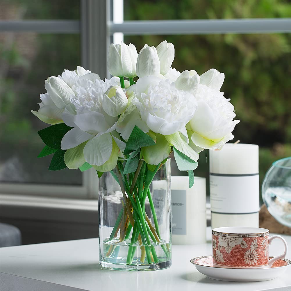 ENOVA FLORAL Artificial Flower Arrangement with Vase, Faux Flower in Vase, Mixed Artificial Real Touch Tulip and Fake Silk Peony Flower in Vase for Decoration Home Office(Cream)