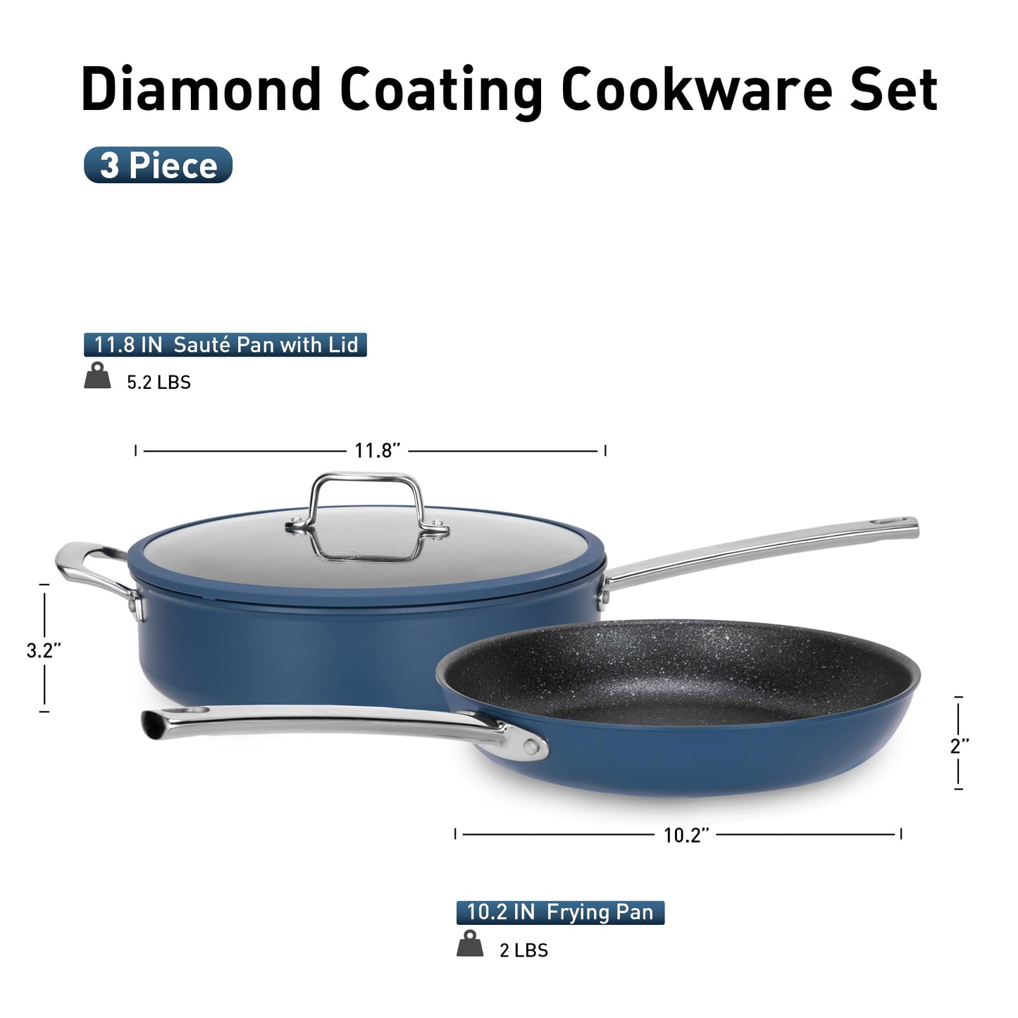 MAISON ARTS Nonstick Frying Pans Set 3 Piece, 12" Deep Saute Pan with Lid and 10" Fry Skillet, Induction Cookware Sets with Plasma Titanium Coating