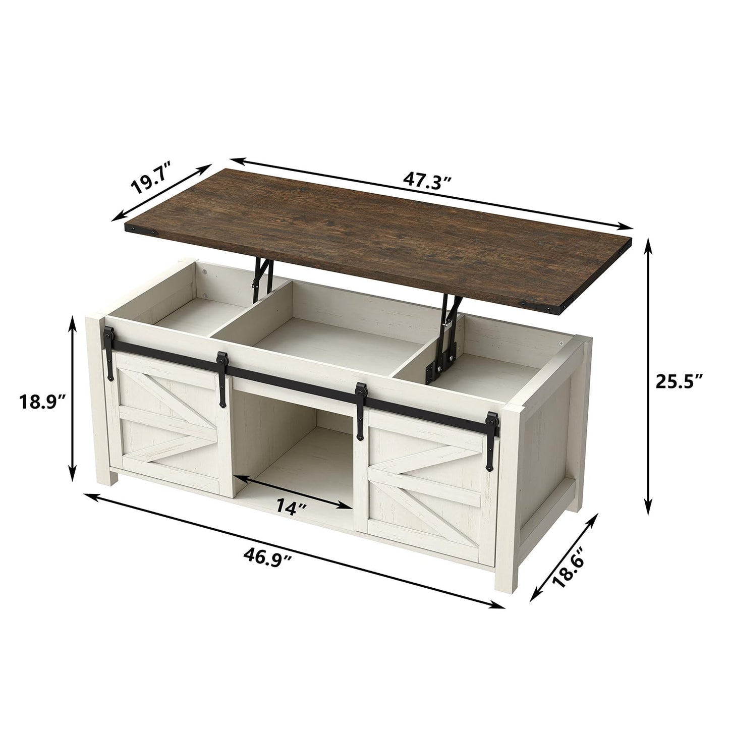 Furnihold 47.3'' Lift Top Coffee Table with Storage, Modern White Coffee Table with Sliding Barn Doors, Farmhouse & Rustic Rectangle Center Table for Living Room, Office, Brown Top