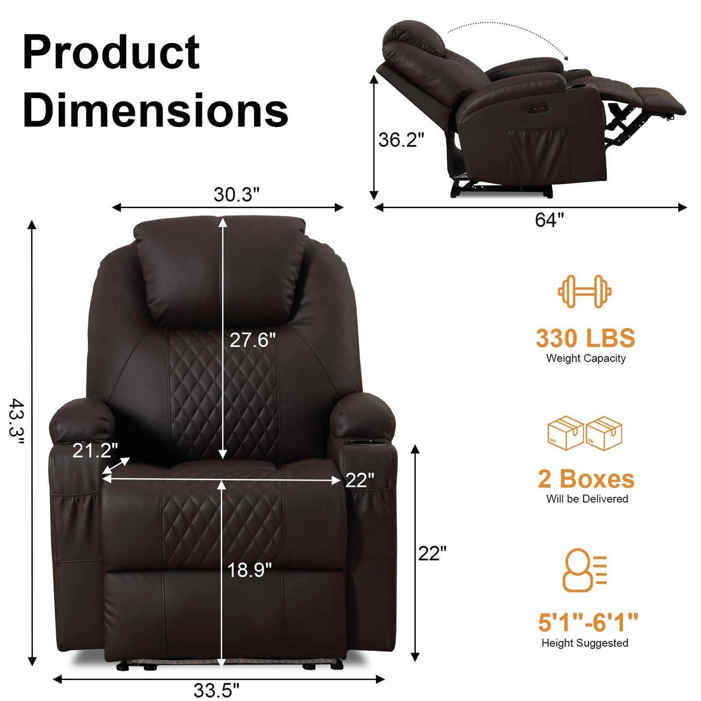 AHMED Power Recliner Chair with Vibration Massage & Heat for Adults, Faux Leather Home Theater Seating with Cup Holders/LED Lights/USB Ports/Side Pockets for Living Room (Brown, Single)