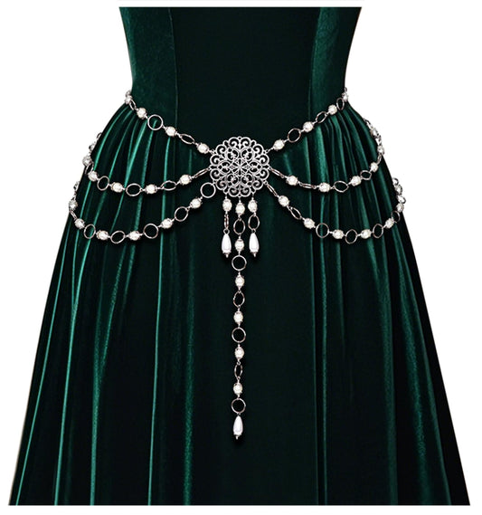 L'VOW Women's Renaissance Belt Medieval Witch Belt Silver Western Waist Chain Belt for Dresses