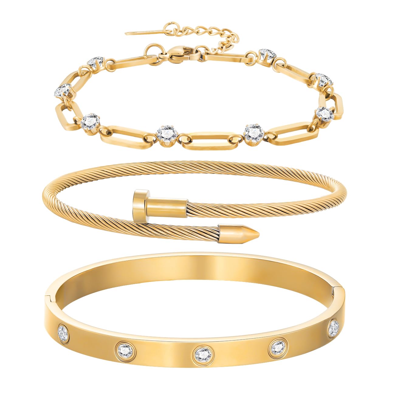 18K Gold Plated Bangle Bracelets for Women, Stackable Love Bangle Bracelet Set, Stainless Steel Non Tarnish Bracelet Set, Adjustable Bracelets Jewelry Christmas Valentine Birthday Gifts, Gold