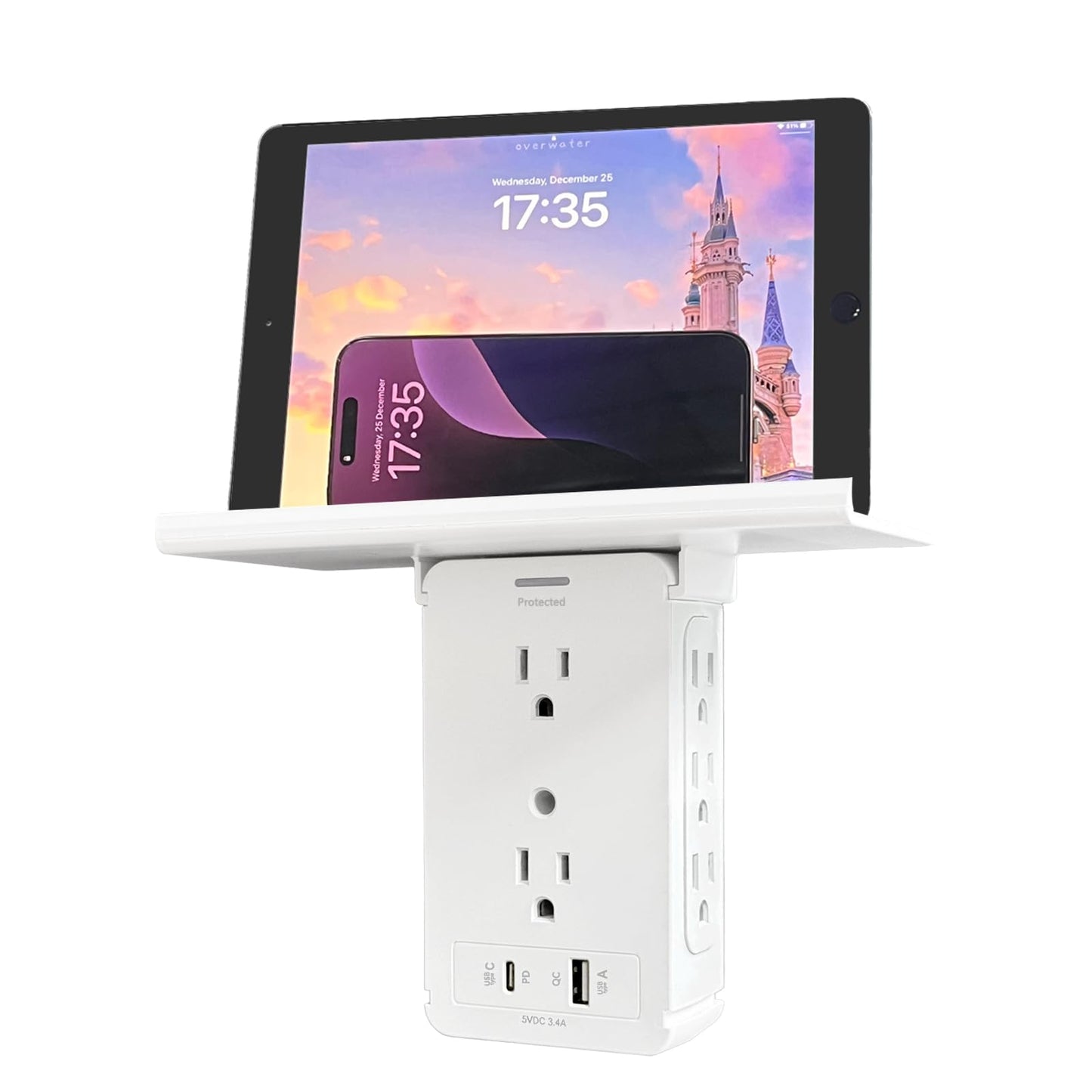 PD20W Wall Outlet Shelf and Surge Protector Outlet Extender, 10-in-1 Multi Outlets with 8 AC 1 USB C &1 USB A (5V 3.4A) Detachable Outlet Shelf,1020 Joules,for Bathroom Dorm Office White