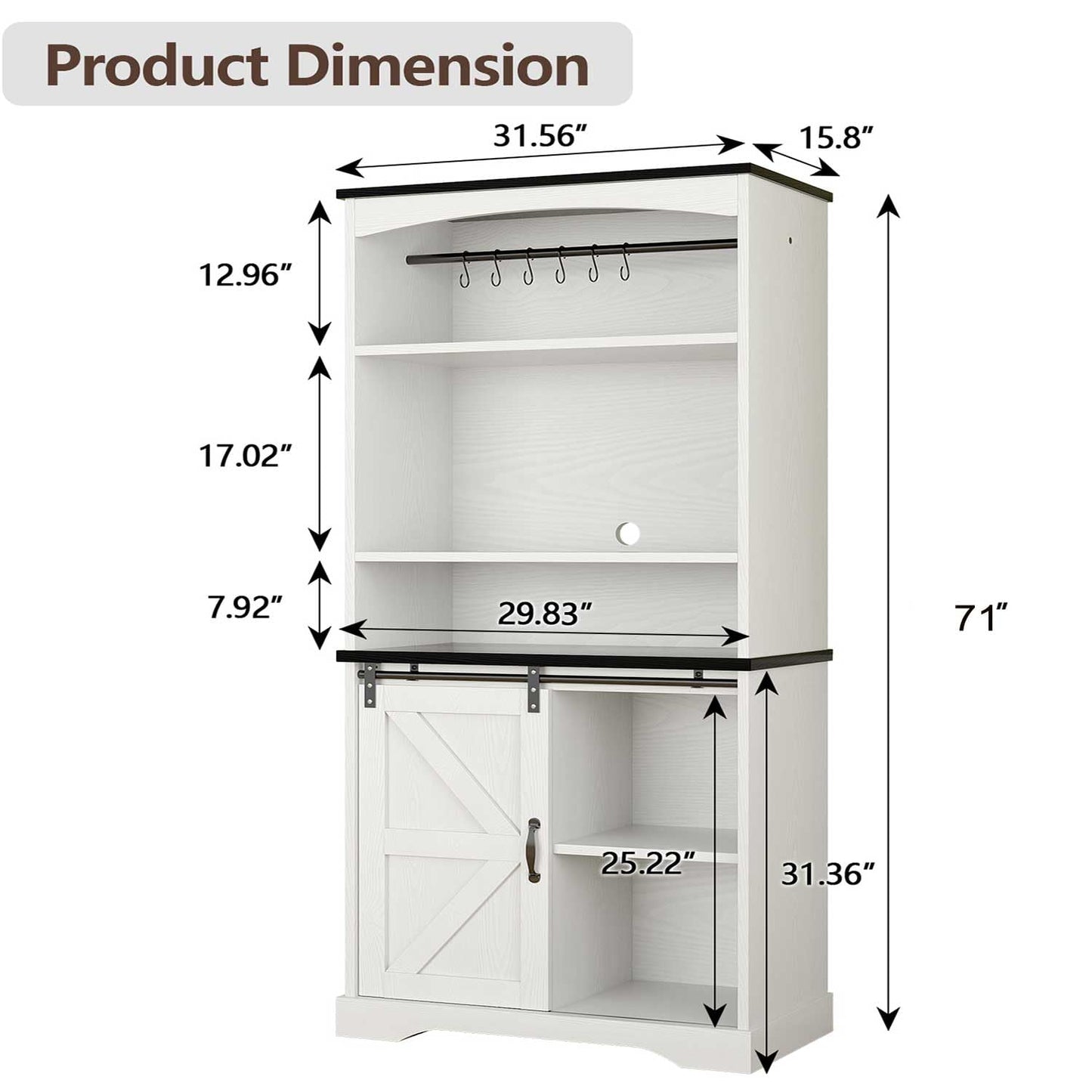 4ever2buy Farmhouse Tall Coffee Bar with Tall Hutch, Buffet Cabinet with Storage, 70 Inch Coffee Bar Cabinet with Sliding Barn Door and Adjustable Shelves for Living Dining Room, White