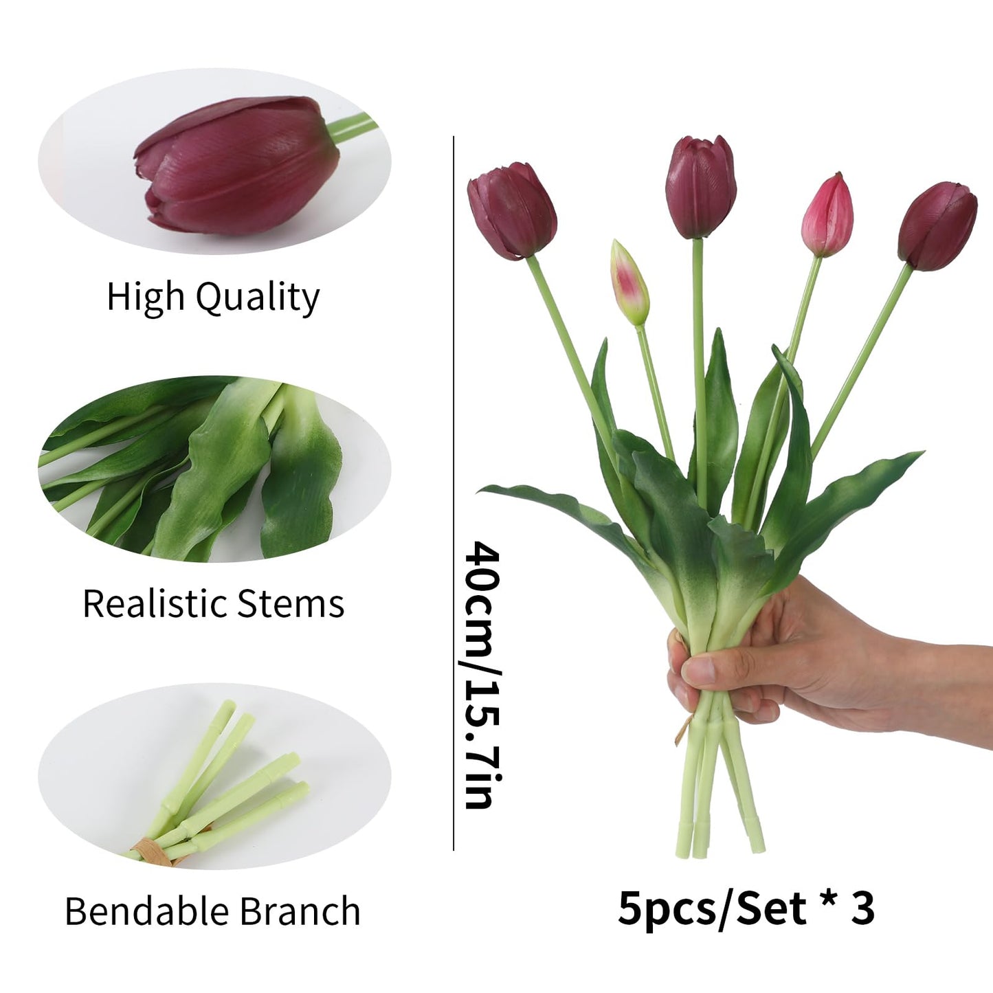 LINSIE 15 Pcs Deep Purple Artificial Flowers Tulips Real Touch Latex Plastic Soft Faux Bouquets for Party, Wedding, Home, Room, Garden Decor