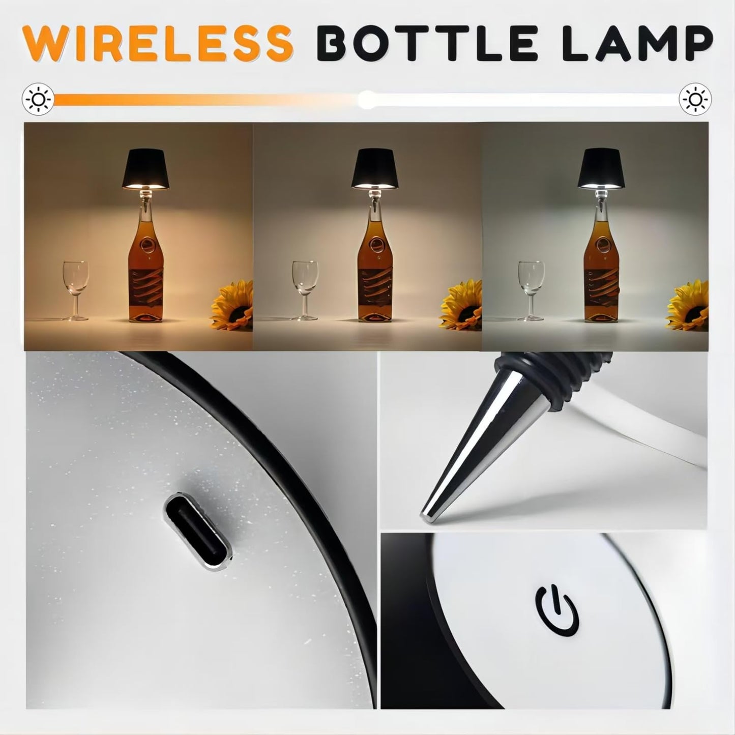 wioilyoy Wireless Bottle Light, New LED Wine Bottle lamp 2024 Rechargeable Bottle lamp, 3 Color Stepless Dimmable Light for Bedroom, Dining Room & Bar(White)