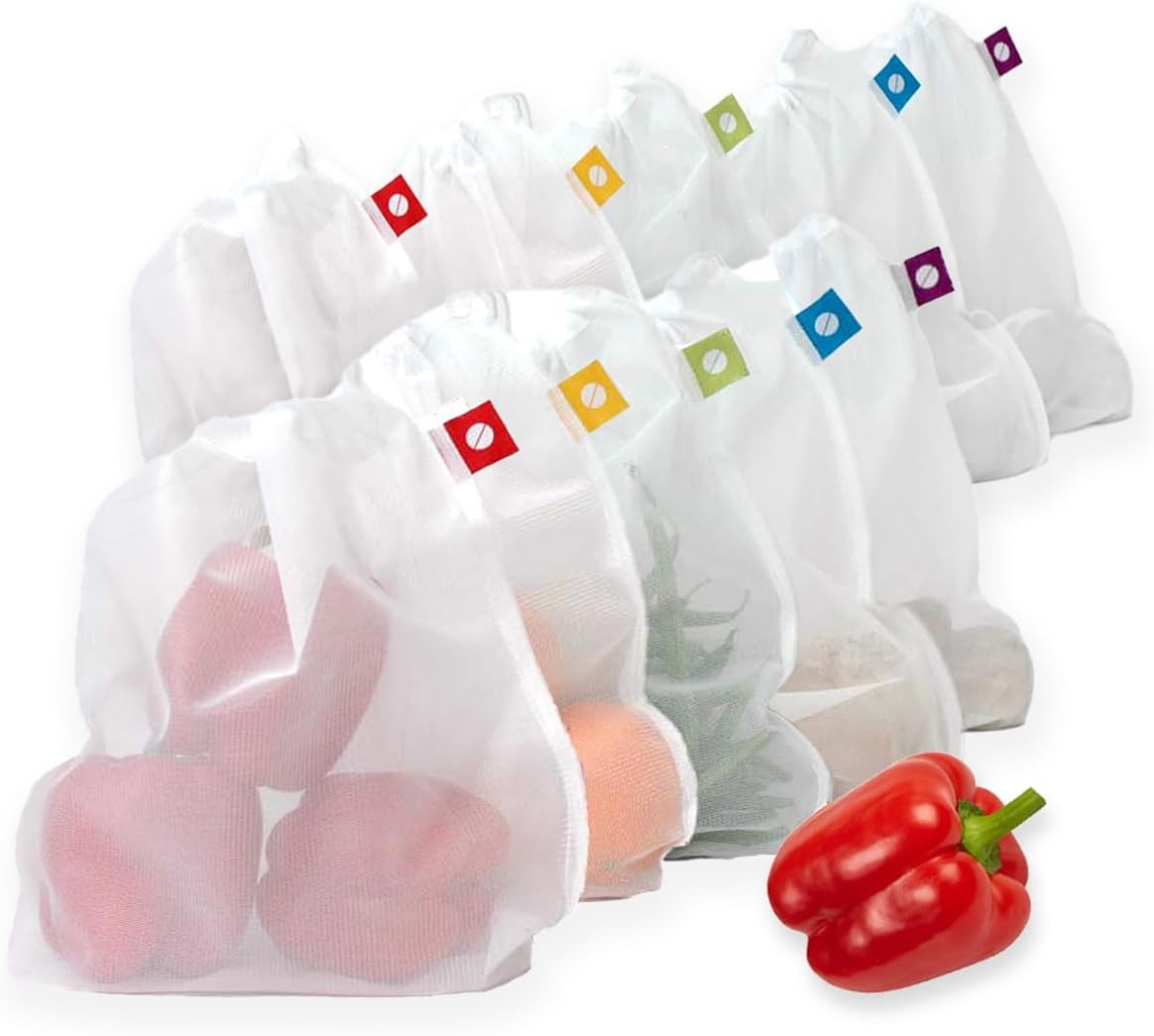 Reusable Produce Bags, Washable Mesh Bags for Fruits and Vegetables, Set of 10 - Flip and Tumble